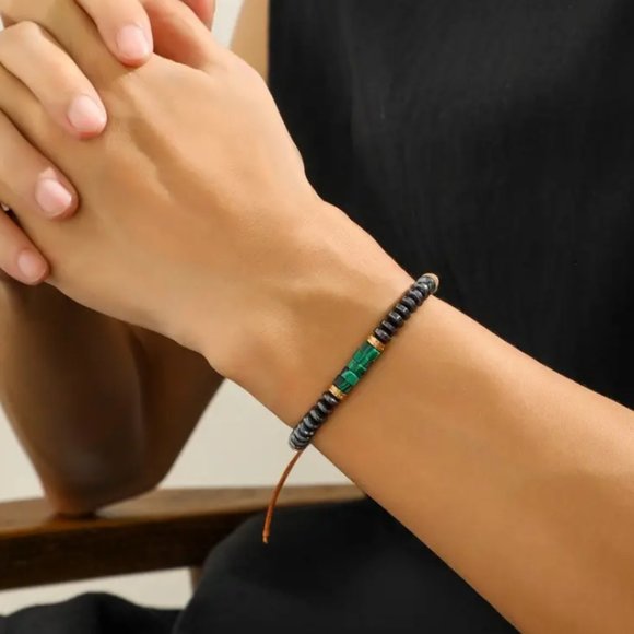 Green Malachite Natural Stone & Gray Alloy Beaded Adjustable Rope Bracelet NEW - Picture 5 of 9